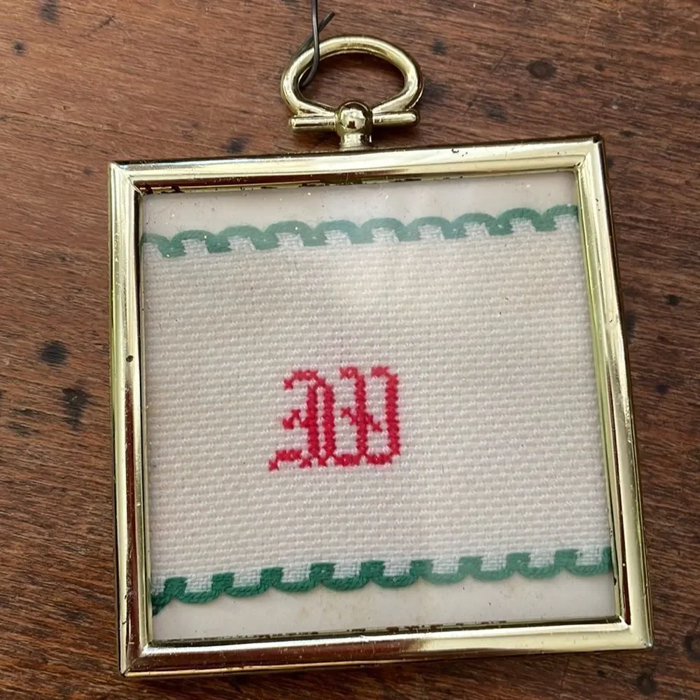 Vtg collection of‎ 6 handmade/homemade cross-stitch square gold frame ornaments